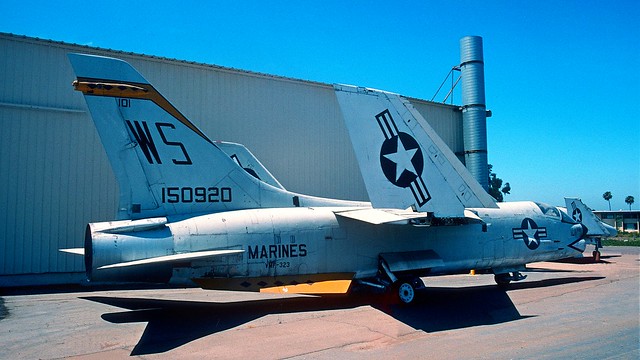 This Crusader was stored on the base at Miramar. Bu.Aer 150920/ WS-101 is an F-8J. It's on display these days coded DR-00 and is ex VMF(AW)-312. Clearly ex VMF-323. When you're out of F-8s, you're out of Fighters!