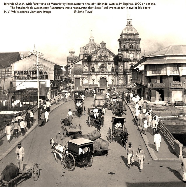 Binondo Church, with Pansiteria de Macanistay Ruemcustu to the left, Binondo, Manila, Philippines, 1900 or before.
