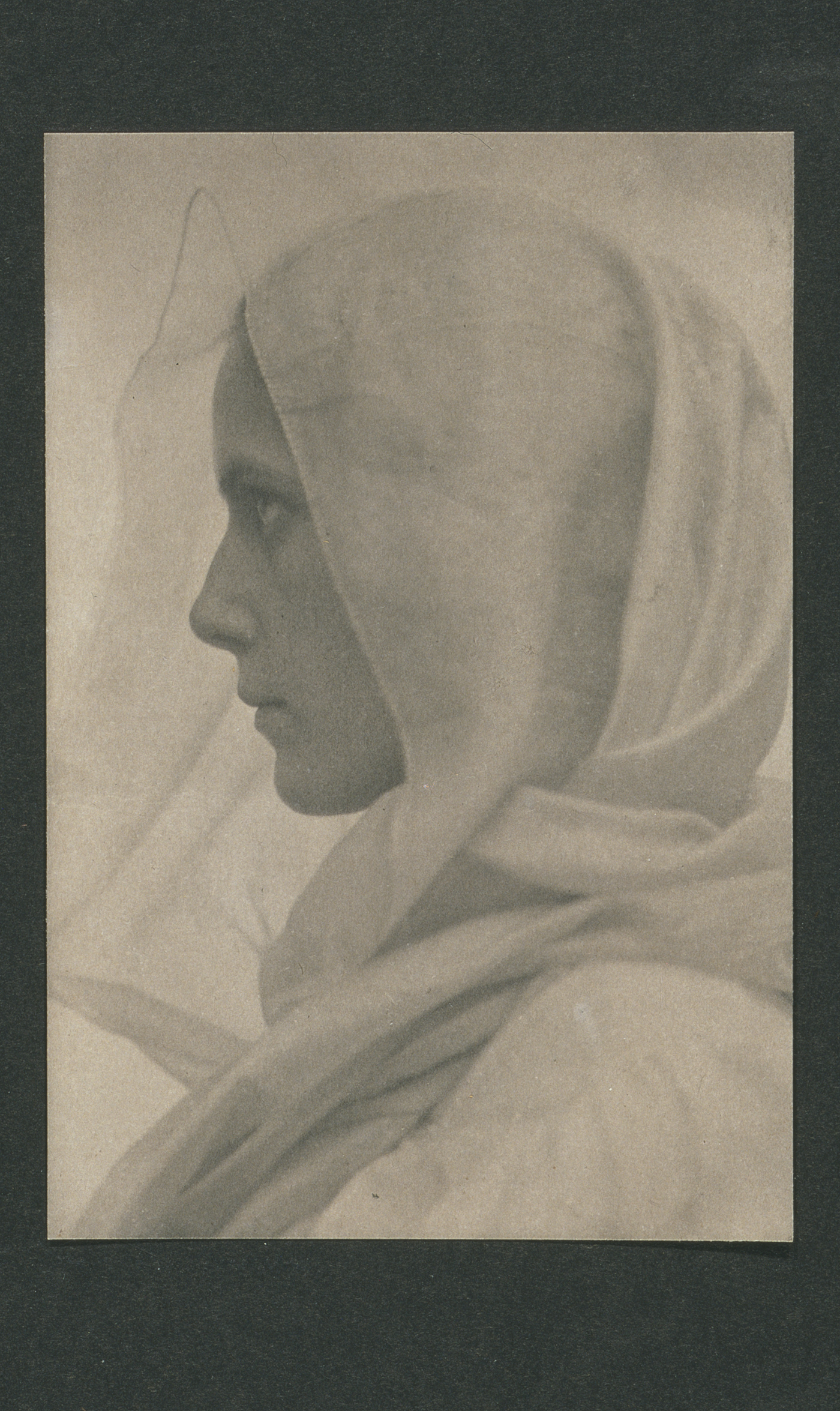 Amelia C. Van Buren :: [Profile portrait of woman draped with a veil]; 1917 (?). Platinum print mounted on black mat. Color film copy transparency of the original. LC-USZC4-9380 | src L. of Congress