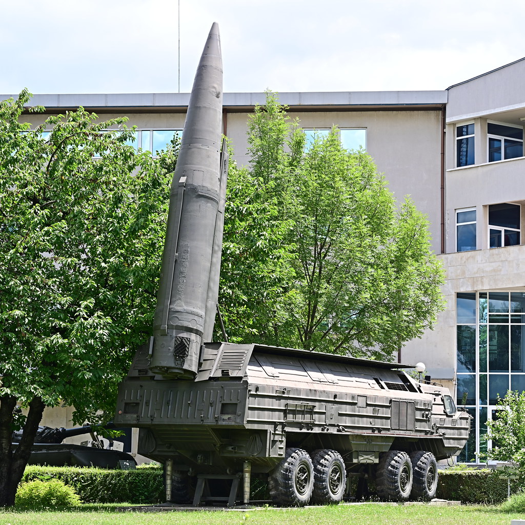 This is the Russian 9K720 Iskander-M missile on its launcher, in Sofia. 'Iskander' is another way of saying 'Alexander' as in 'the Great'. To NATO it is SS-26 'STONE'. This hypersonic (Mach 6-7) missile is in use these days in Ukraine.