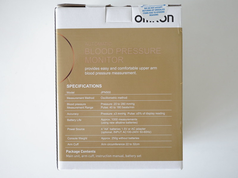 Omron Upper Arm Blood Pressure Monitor (JPN500) - Box Back