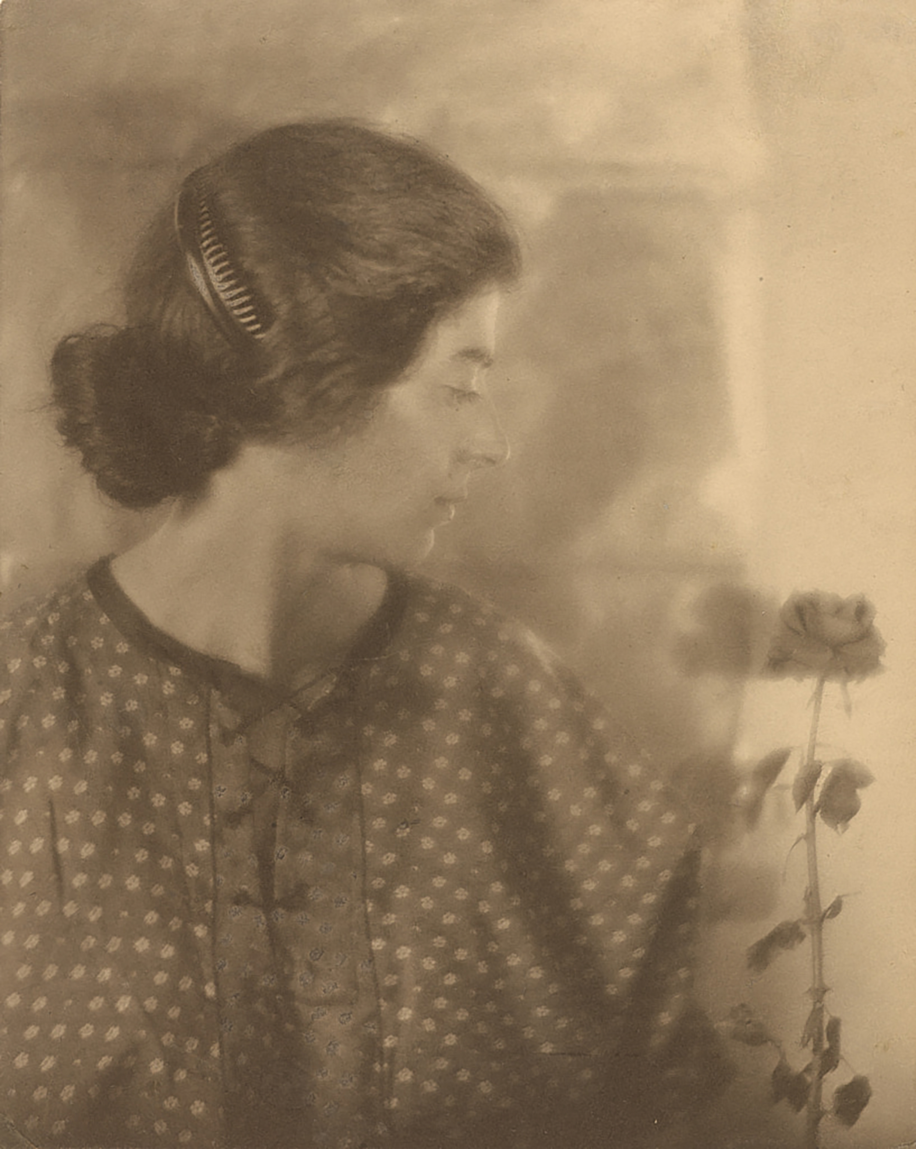 Margrethe Mather (1885 - 1952) :: Betty Katz, Los Angeles, about 1916. Side profile of a woman wearing a hair comb and floral pattern shirt. There is a single rose beside her. Palladium print. | src The J. Paul Getty Museum