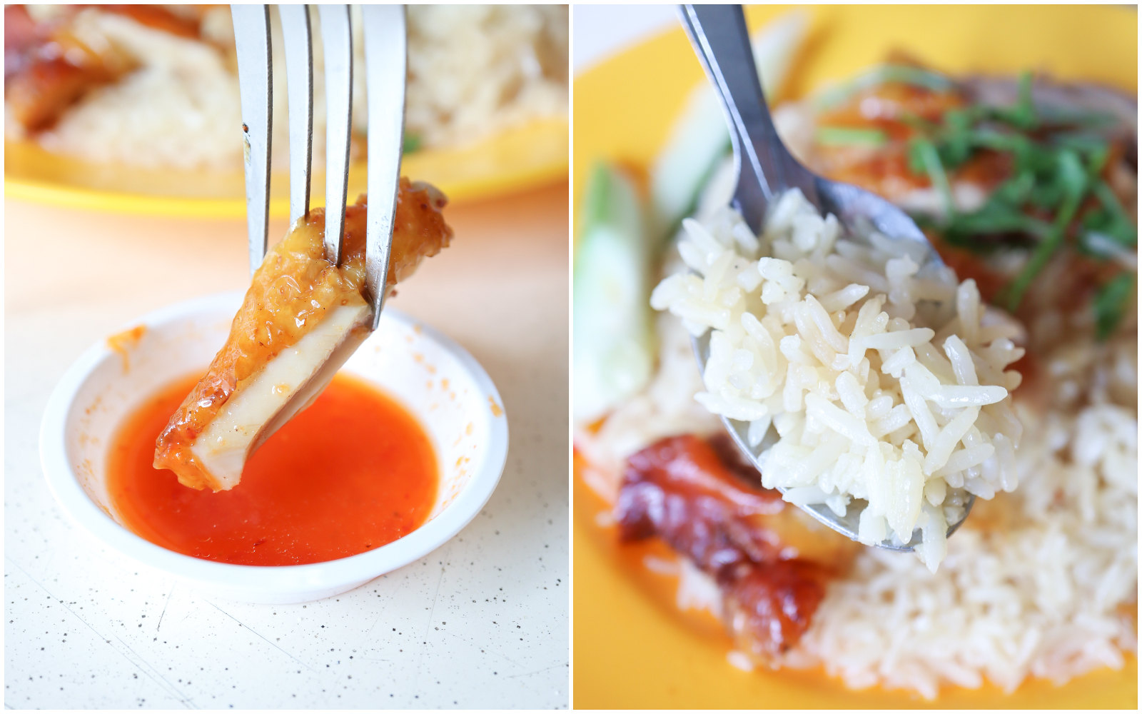 xiang ji roast chicken rice & noodles - chicken dipping and rice lifting collage