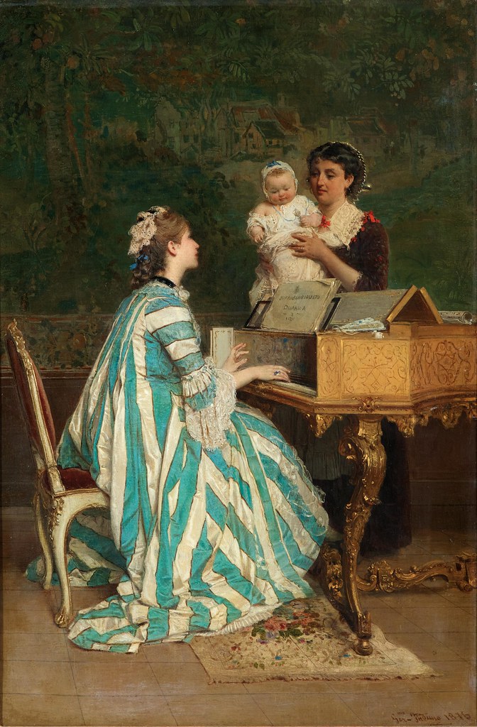 Gerolamo Induno «A Young Mother Playing the Harpsichord», 1876