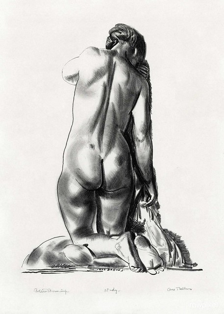 Nude study, woman kneeling on a pillow (study) (1923–1924) print in high resolution by George Wesley Bellows. Original from the Boston Public Library. Digitally enhanced by rawpixel.