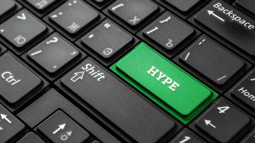 A keyboard featuring a key with the word hype