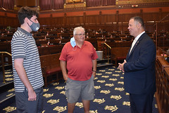 State Rep. Craig Fishbein speaks with Daniel Weyant, of Florida, and his grandfather Jim Weyant, of Wallingford, in the House of Representatives in Hartford.  The Weyants were taking a self-guided tour when they bumped into Rep. Fishbein.