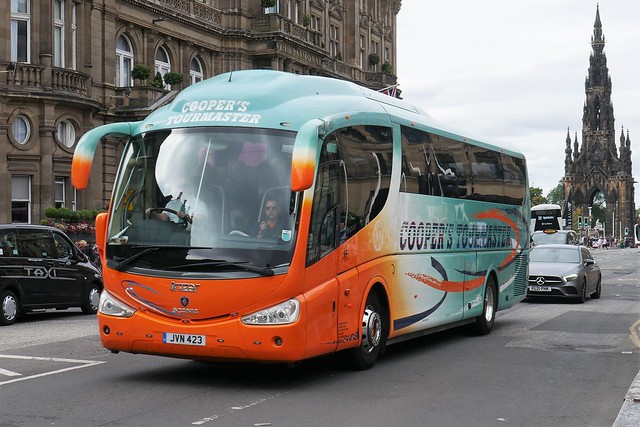 Coopers Tourmaster of Bedlington Scania K114EB4 Irizar PB JVN423, new as NK06LFS, at Princes Street, Edinburgh, on 21 July 2022.