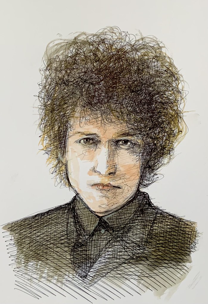 Bob Dylan in 1964. two stages. Ballpoint pen drawing by jmsw on thick card.  Second image in Watercolour washes over ballpoint drawing.