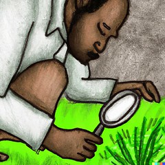 Agrostology: A scholar examining grass with a magnifying glass rendered as a cave drawing