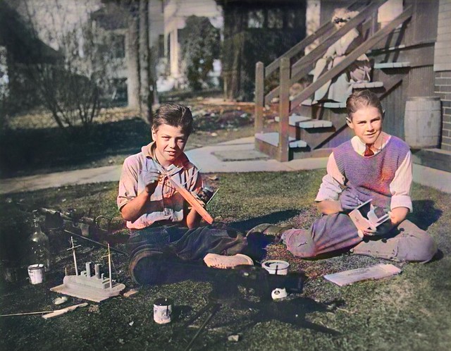 Back Yard Workshop, while School was closed for Influenza, Denver, Colorado, USA, American National Red Cross Photograph Collection, May 1919, colorized by Asar Studios