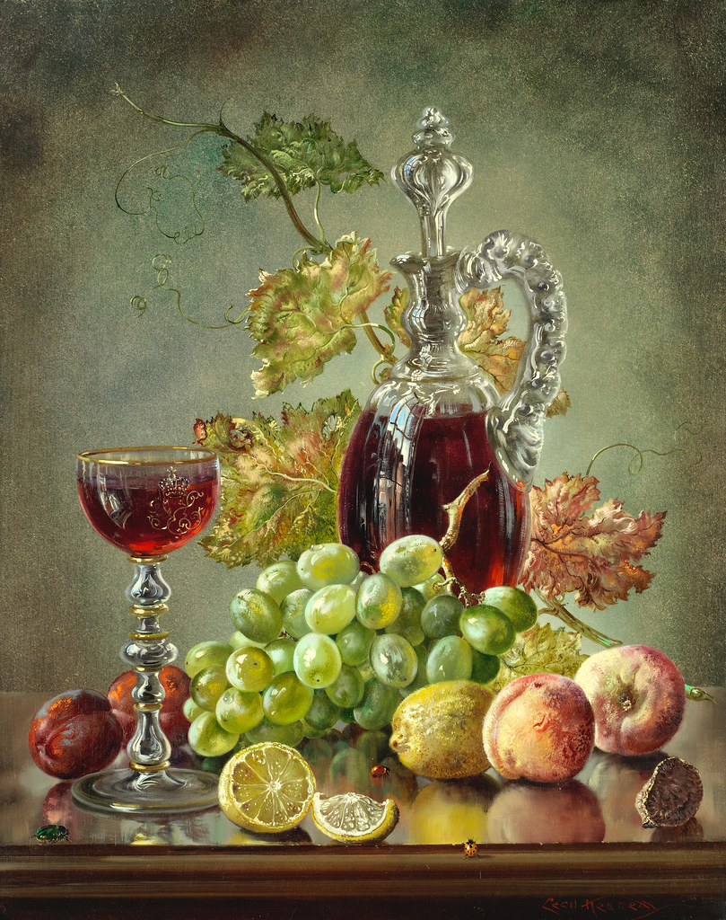 Cecil Kennedy «Still life of fruit, vine leaves and a glass ewer»