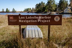 Bete Grise, Michigan - October 18, 2021: Lac labelle harbor navigation project sign on the shores of Lake Superior
