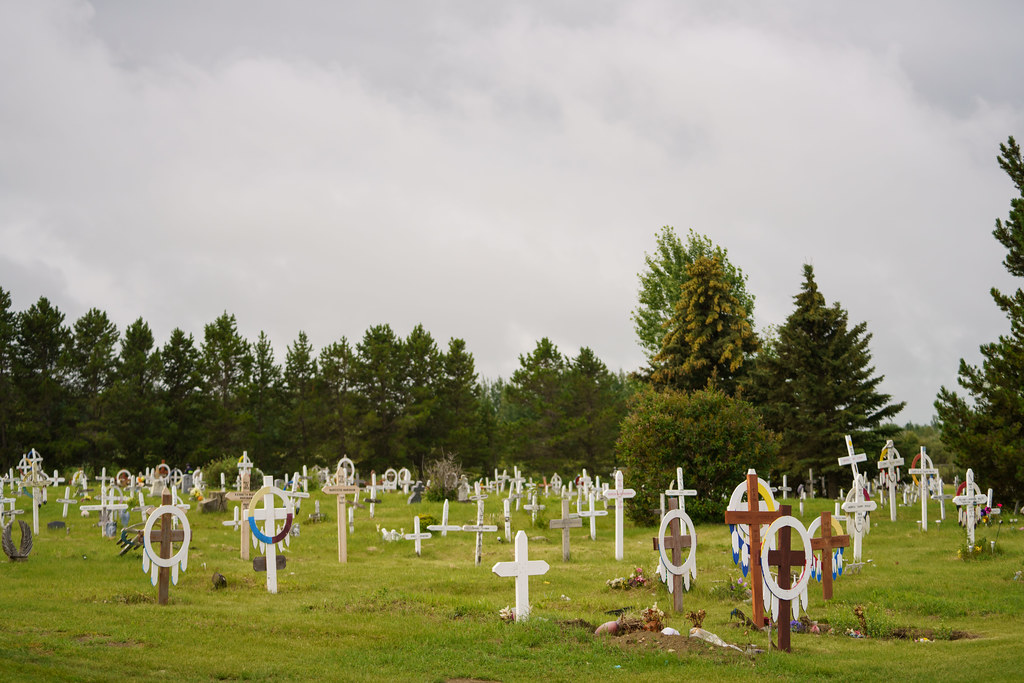 Multiple crosses anchored in the ground of a cemetery