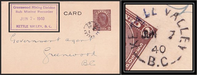 British Columbia / B.C. Postal History - 7 June 1940 - KETTLE VALLEY, B.C. (split ring / broken circle cancel / postmark) to Greenwood, B.C.