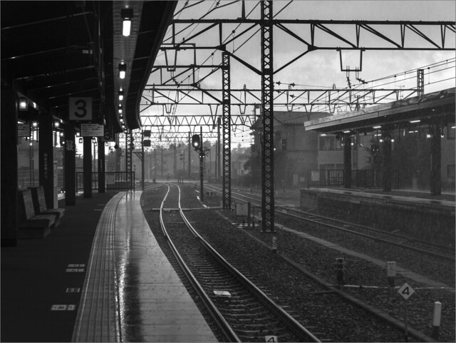 Sudden rain soaking the station