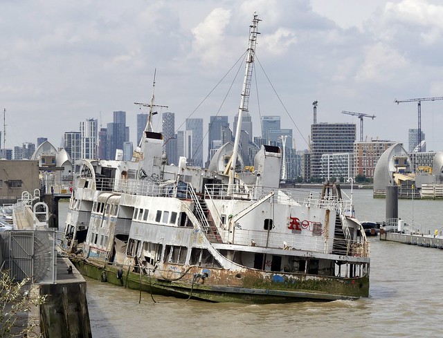 The MV Royal Iris: a former (River) Mersey Ferry (languishing in the Thames close to the Thames Barrier)