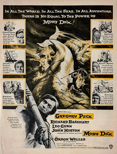 Magazine ad for “Moby Dick” (Warner Bros., 1956), starring Gregory Peck as Ahab, Richard Basehart as Ishmael and Leo Genn as Starbuck.
