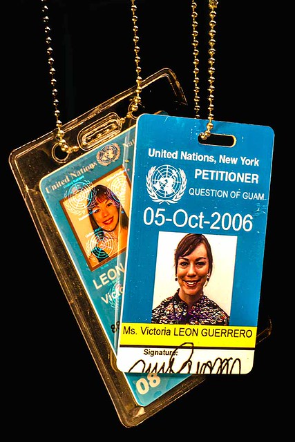 Fanohge CHamoru Exhibition Section 5: Oral Histories. United Nations Petitioner Identification tags (2 pieces). Victoria Leon Guerrero collection