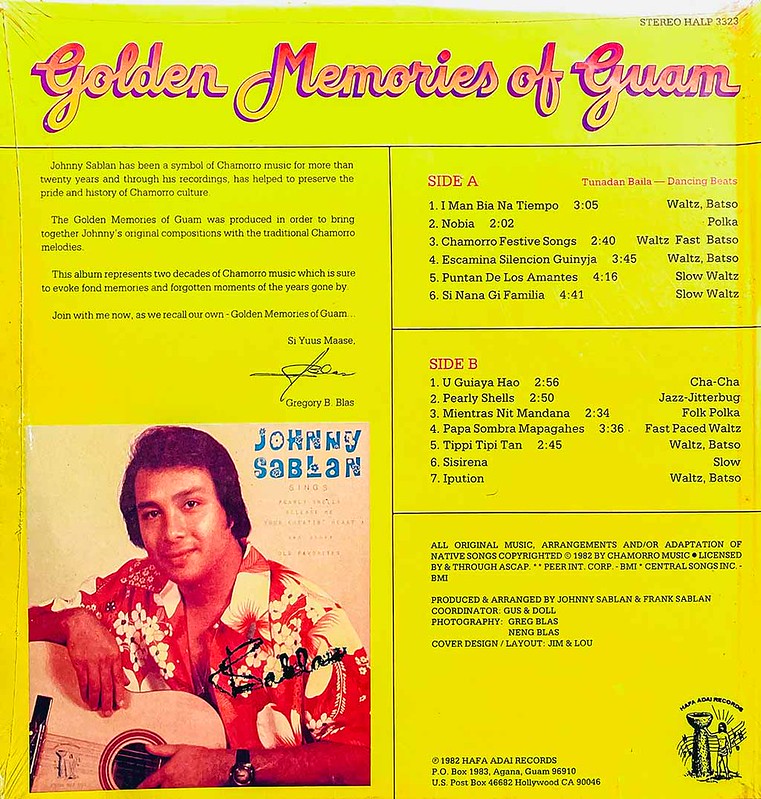 Fanohge CHamoru Exhibition Section 6: CHamoru Renaissance. Golden Memories of Guam. LP Album back cover. Guam Museum collection