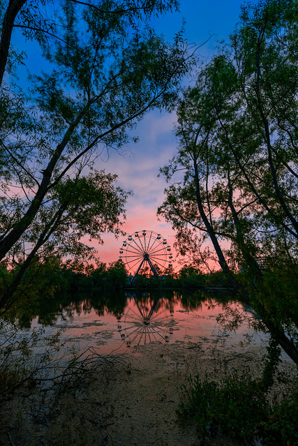 Sunrise and Ferris Wheel at the abandoned six flags new orleans amusement park