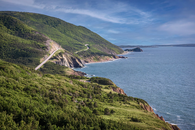 View of the Cabot Trail roadway in Cape Breton Highlands National Park near Corney Brook, Cape Breton Island, Nova Scotia, Canada