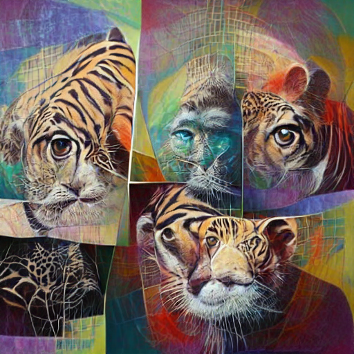 'a collage painting of a tiger vivid colors and photorealistic' CLIP Prior + VQGAN (MSE method)
