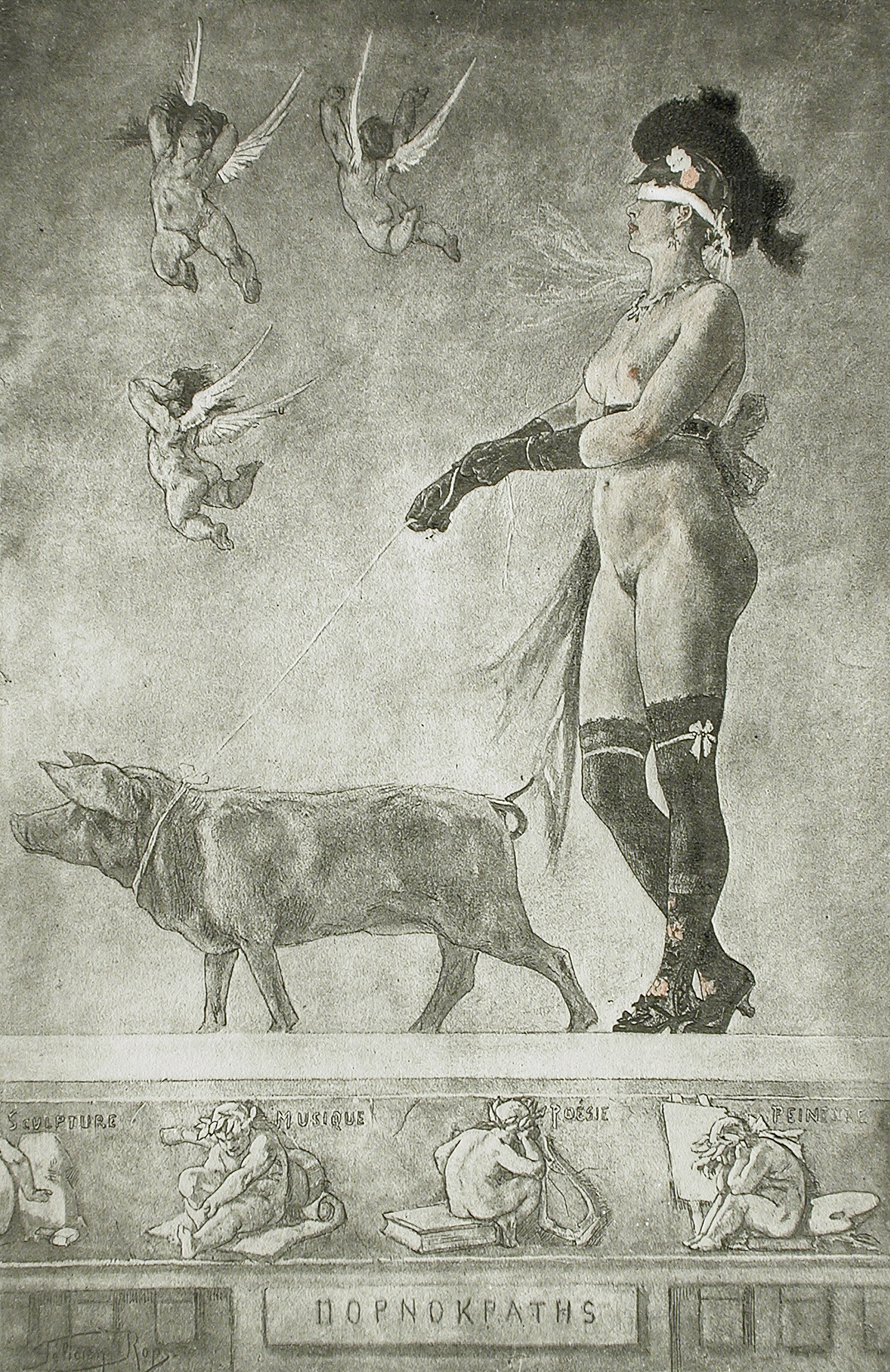 Félicien Victor Joseph Rops :: Pornokrates or La Dame au cochon, Belgium, 1896. Soft-ground etching. Gift of Michael G. Wilson. Plate: 38.58 x 27.94 cm; image: 27.94 x 18.1 cm. | src LACMA ~ Los Angeles County Museum of Art 