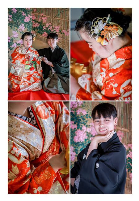 双子で成人式のロケーションフォト　オレンジの着物と黒の紋付袴が美しい