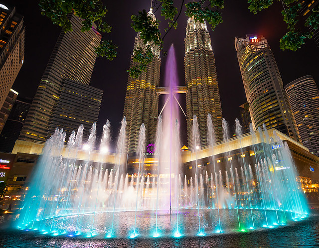 Colorful fountains. Petronas Towers, Kuala Lumpur, Malaysia