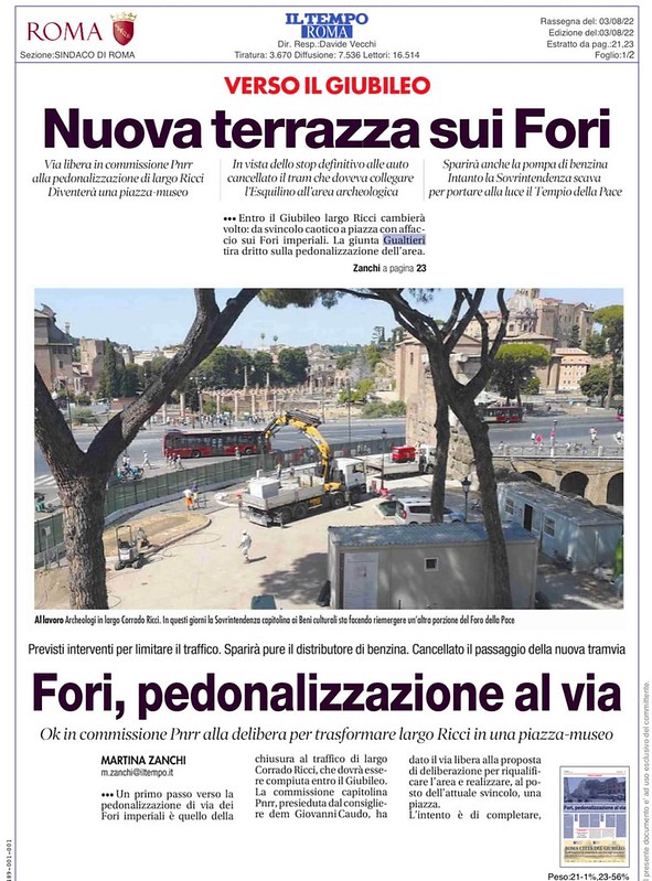 RARA 2022. "Verso il Giubileo - Nuova terrazza sui Fori Imperiali - Fori, pedonalizzazione al via". Il Tempo & ROMA TODAY (03/08/2022) & Giovanni Caudo / Fb (03/08/2022 & 18/07/2022). S.v., DR. ANTONELLA CORSARO (20/05/2021): 1-25 [in PDF].
