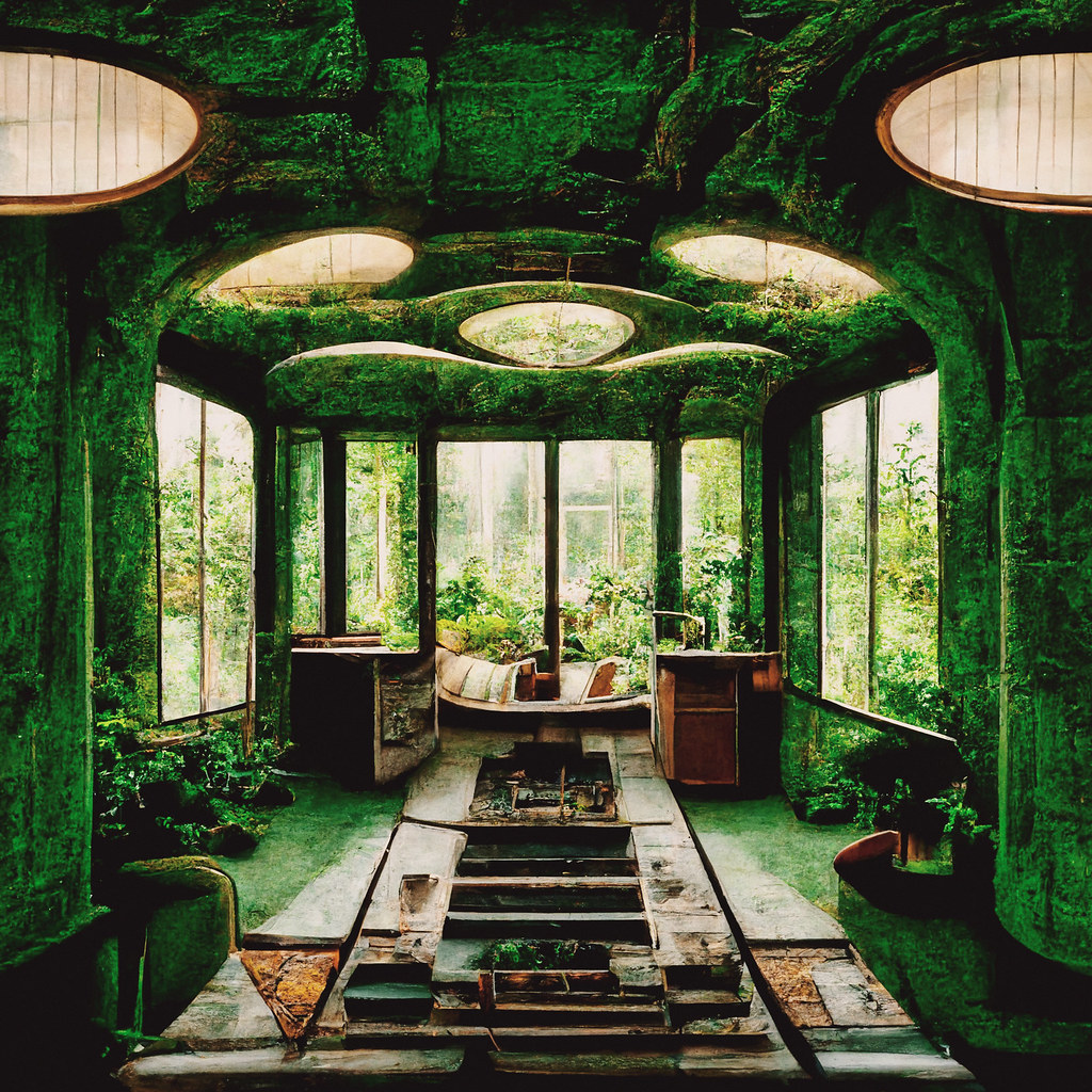 Midjourney: Inside abandoned house - Solarpunk style