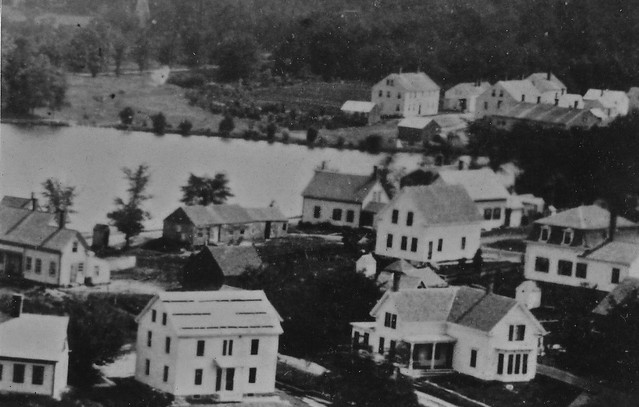 The Island looking from Pond Street, looking north towards Shovel Shop Pond, North Easton, MA 1875, info, Easton Historical Society