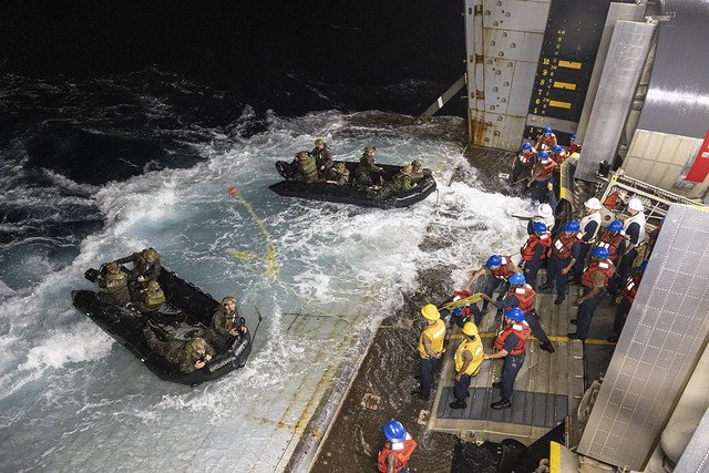 Marines and Sailors conduct a welldeck operations ship verification aboard USS New Orleans (LPD 18) in the Philippine Sea.