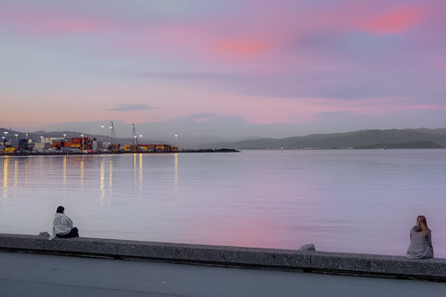 <p>Strangers on the shore contemplating the soft afternoon sky over Wellington Harbour.</p>