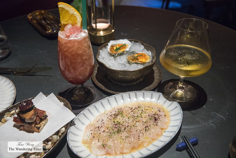 First courses and drinks: Singapore Spring Fling (non-alcoholic), Coke de Blanc (alcoholic but so smooth), Fluke Kombujime, Oyster and Uni, and Eel Club