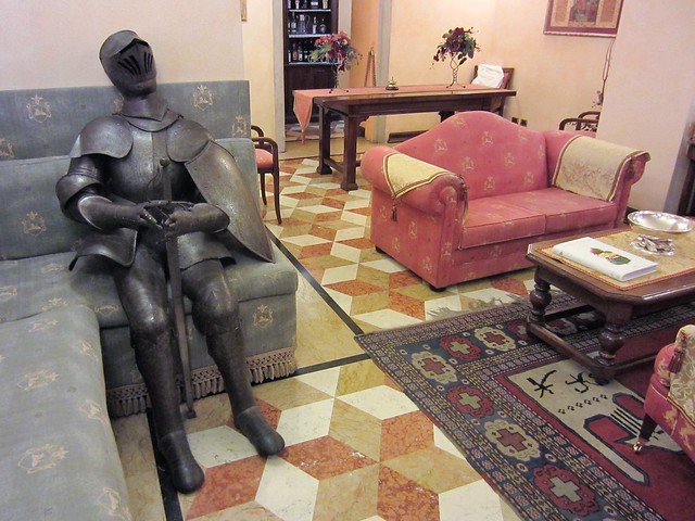 A suit of armour 'waiting' in the lobby of the Art Hotel Commercianti, Bologna