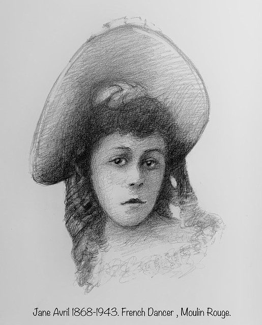Graphite pencil portrait drawing by jmsw on thick card, of Jane Avril . 1868-1943.