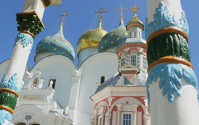 Holy Russia. The fragments of Assumption Cathedral (since 1585), Assumption Well Chapel & the Canopy above the Sacred source, Trinity Lavra of Saint Sergius, Sergiyev Posad city, Moscow region (Oblast). Православнаѧ Црковь.