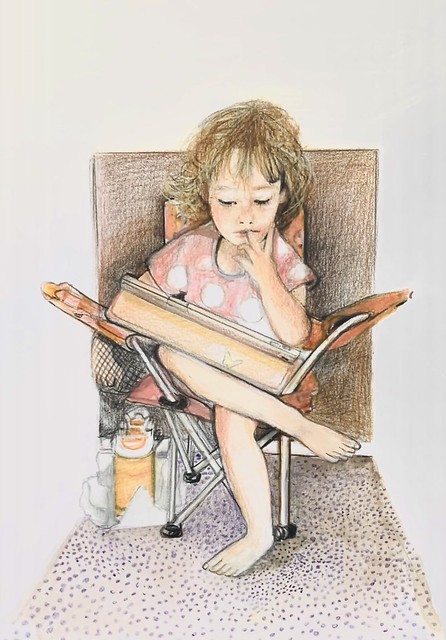 The Great Granddaughter on her laptop.  Coloured pencil portrait drawing by jmsw on thick card.