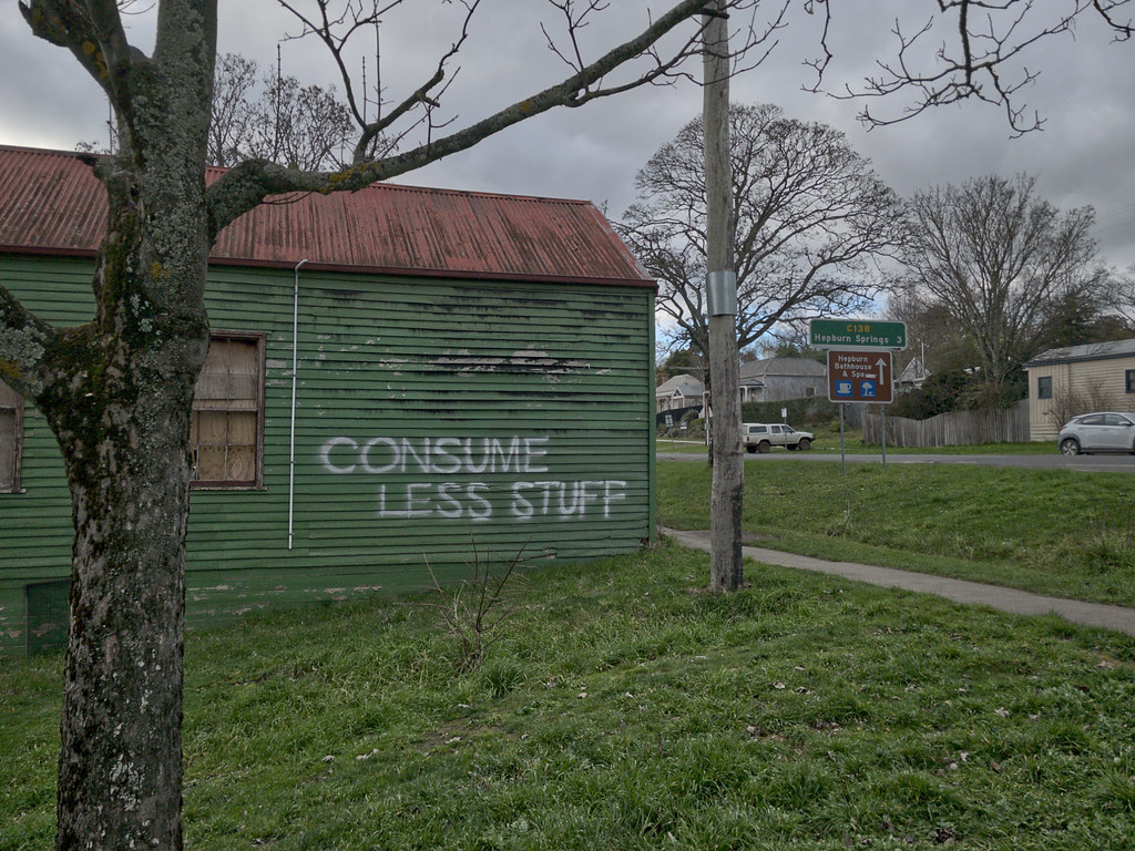 Wordless Wednesday #8 2022 Daylesford 27th June 2022 graffiti that reads "consume less stuff"