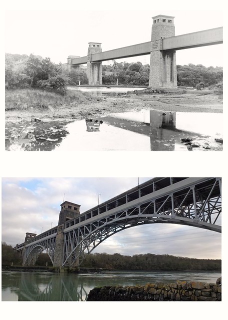 Britannia Bridge, Anglesey. Above the original Railway Bridge and below as it is today.
