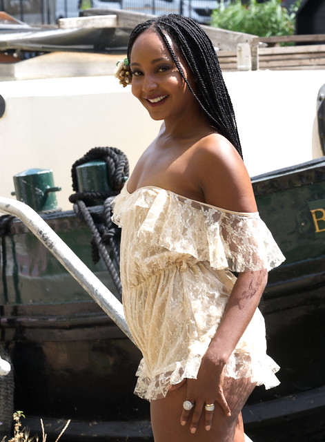 DSC_5703a Nagat African American Model from Iowa in Cream Lace Hot Pants Romper Playsuit with Long Braids Photoshoot on Location Dutch Barge MV Bestevaer Regent's Canal Towpath Shoreditch London