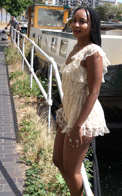 DSC_5689b Nagat African American Model from Iowa in Cream Lace Hot Pants Romper Playsuit and Snake Skin Shoes with Long Braids Photoshoot on Location Dutch Barge MV Bestevaer Regent's Canal Towpath Shoreditch London