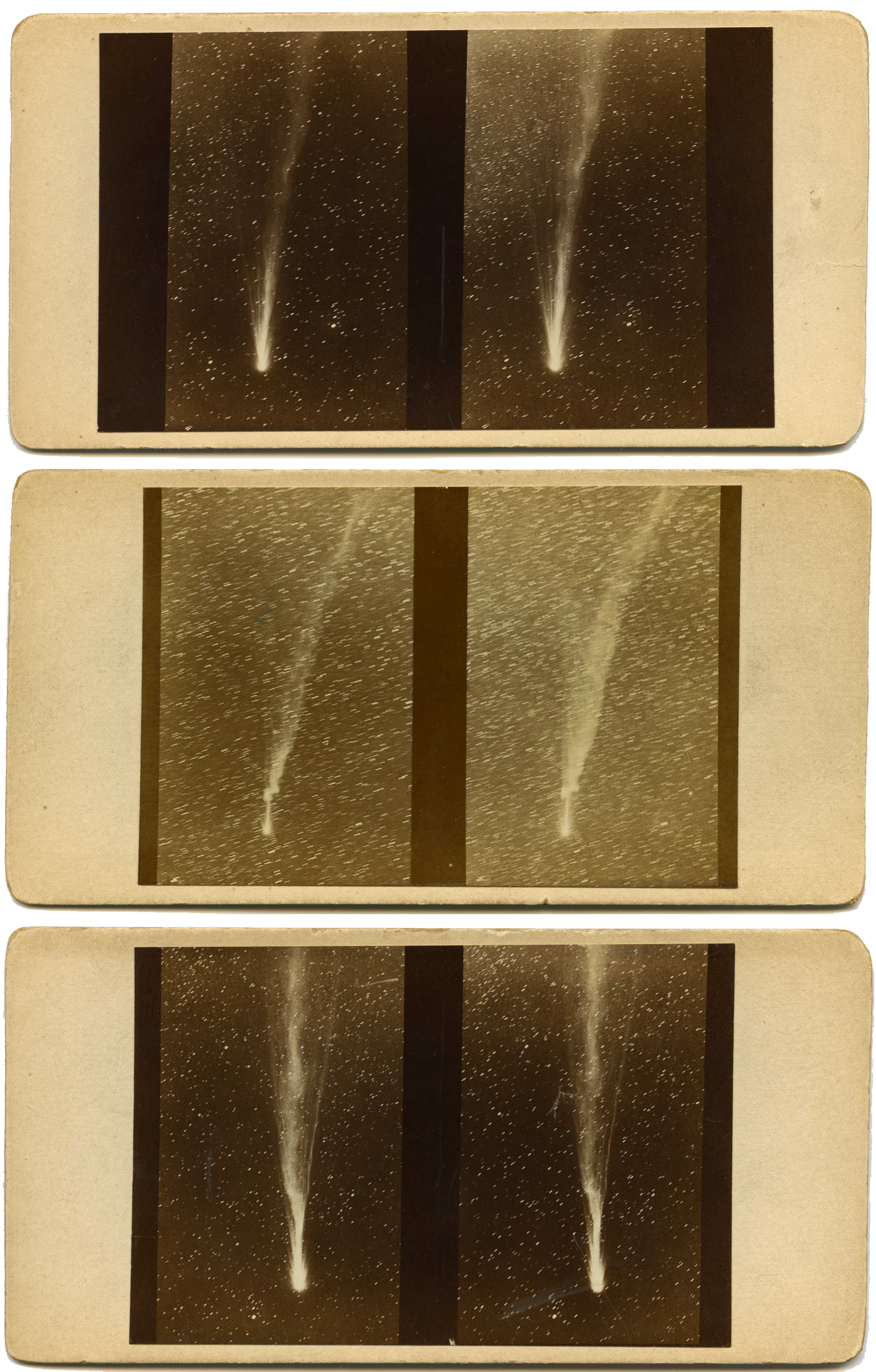 Edward Emerson Barnard :: Comet Morehouse, 3 stereo cards, UK, 1908. | src anamorfose