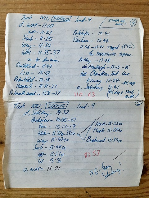 The original Log Book page for 50020 on 1V11 11.10 Waterloo-Salisbury via the rare Chandler's Ford diversion 28Feb1987