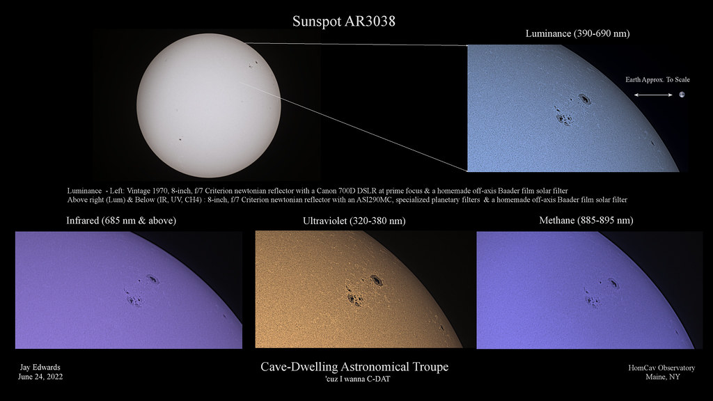 SunSpot_AR3038_20220624_LUM_IR_UV_CH4_Composite_HomCavObservatory_ReSizedDownTo2XHD