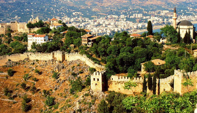 Türkei 1989, Alanya, Blick über die Stadtmauer zur Stadt, 79975/20975