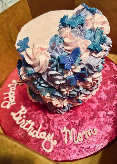 Mom's birthday cake from Dee's One Smart Cookie Gluten Free & Allergen Friendly Bakery.  Her actual birthday isn't until Sunday, but she was happy to sample this present a *little* early.  :-) #birthday #birthdaycake #happybirthdayMom