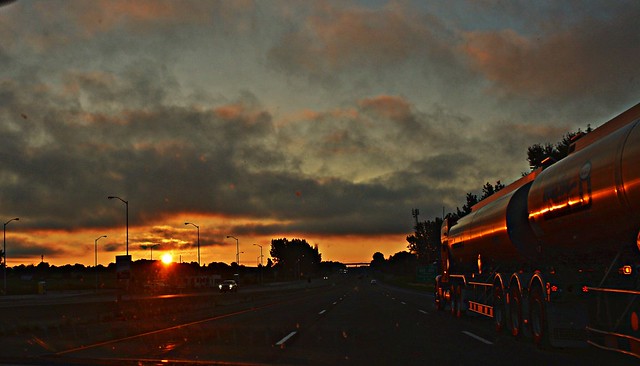 Sunrise on Highway 401 from Burlington to Prince Edward County, ON